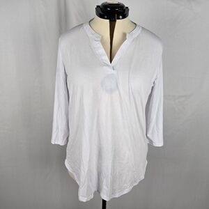 Sherosa Blouse Women's Large White Sheer V-Neck 3/4 Sleeve Curved Hem